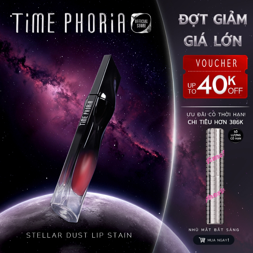 [tlinh choice]Son tint lì lâu trôi TIMEPHORIA STELLAR DUST LIP STAIN bóng mượt, bền màu không lem kh