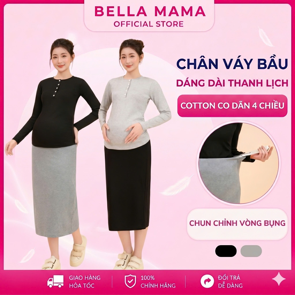 Chân váy bầu Bella Mama vải thun cotton Chân váy bầu co giãn dáng dài có chun điều chỉnh CV1
