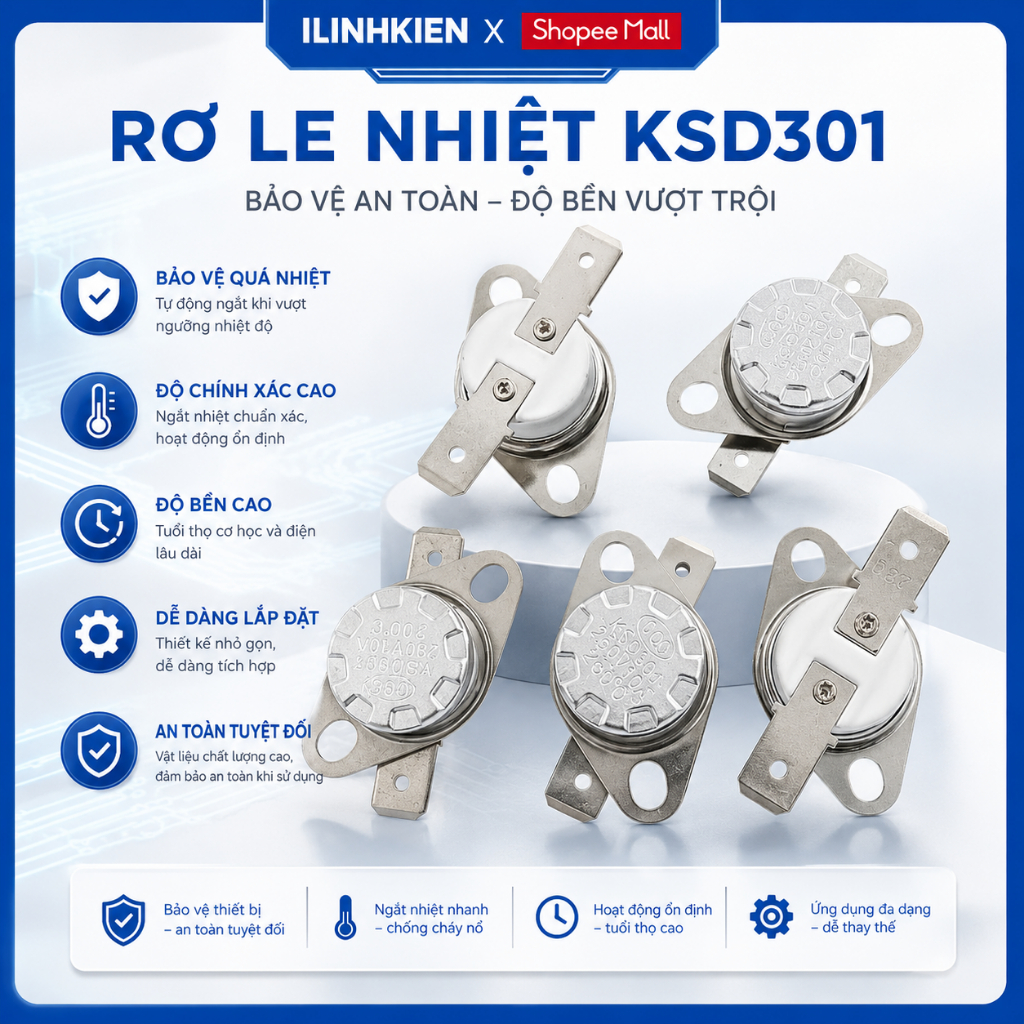 Rơ le nhiệt KSD301 giá trị từ 85-125 độ thường đóng đế sứ chịu nhiệt chất lượng ilinhkien
