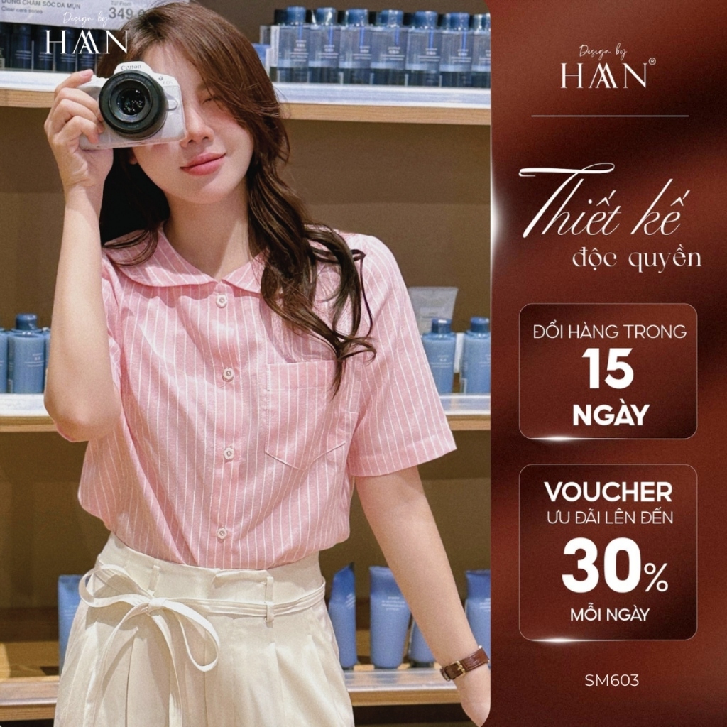 Áo Sơ Mi Nữ Ngắn Tay Cổ Sen Kẻ Hồng, Vàng Style Dịu Dàng HAAN DESIGN SM603