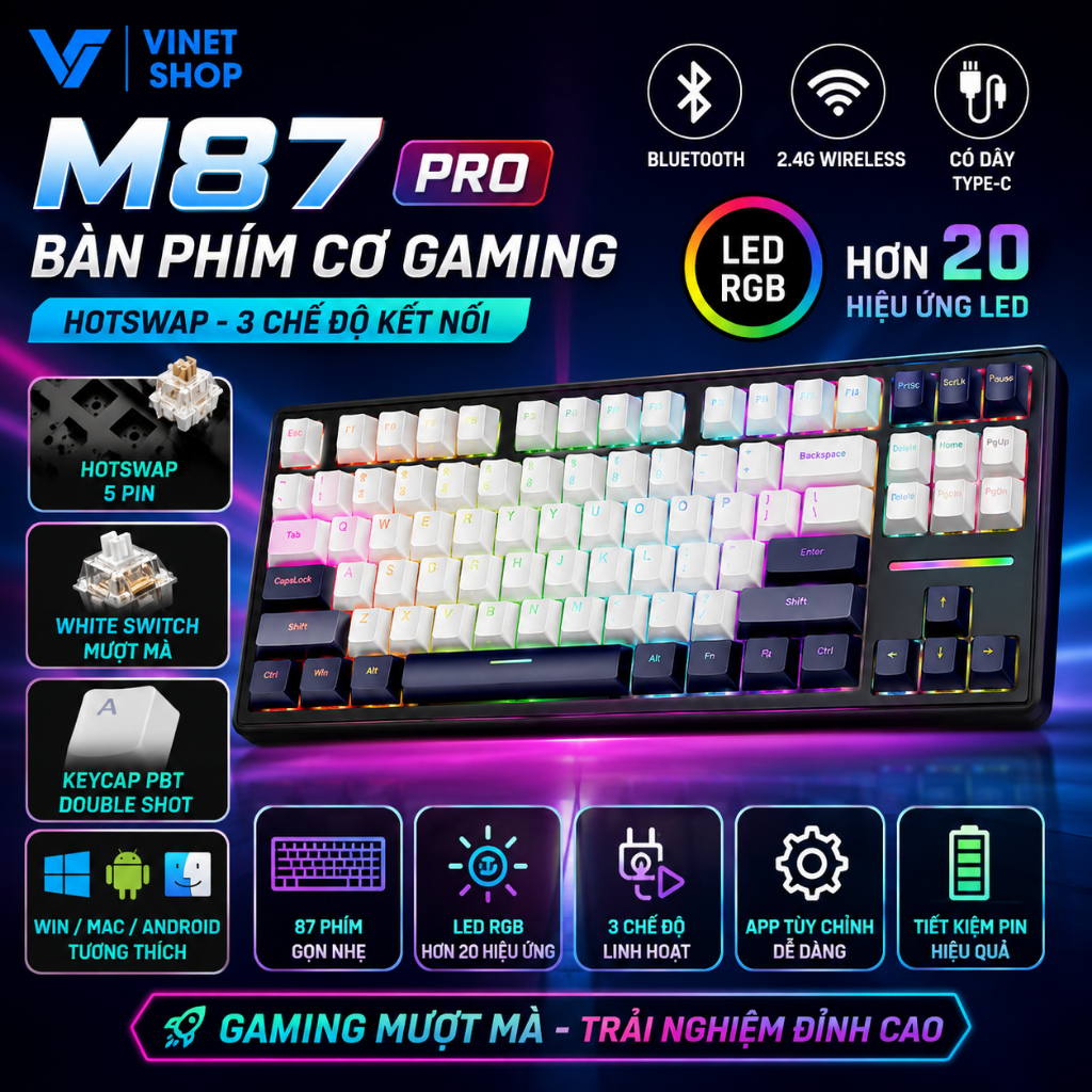 Bàn Phím Cơ không dây Xinmeng M87 pro V2 hotswap 5 pin mạch xuôi LED RGB với 3 chế độ kết nối