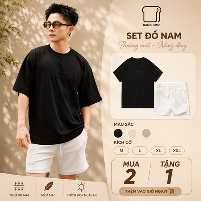 Bộ Quần Áo Thun Nam BAMI HOME Cao Cấp, Quần Short Nỉ Co Dãn Kèm Áo Thun Trơn Basic QN08AUN05