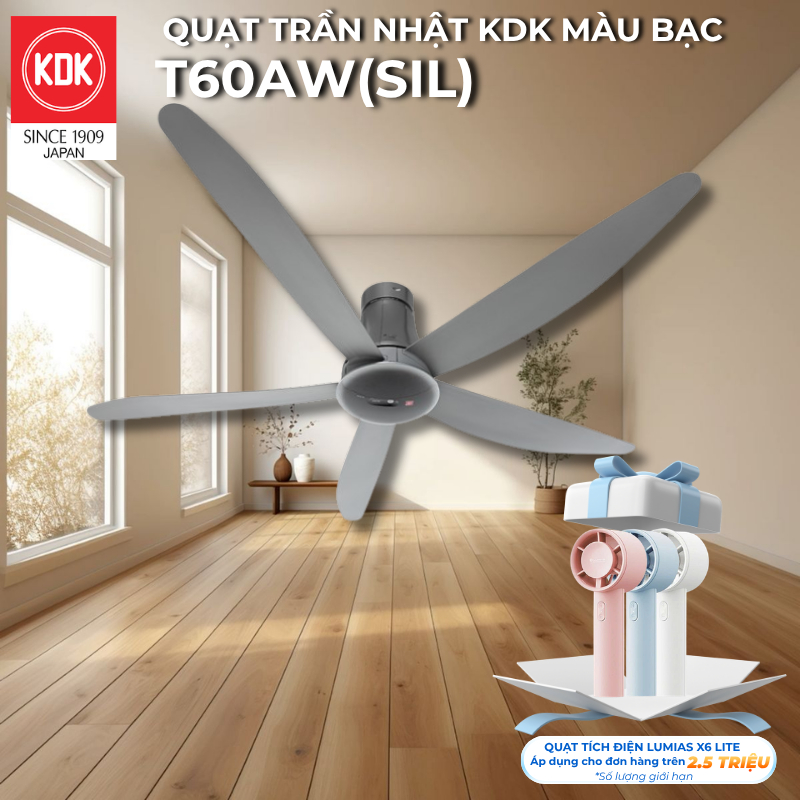 Quạt Trần Nhật KDK, màu Bạc T60AW(SIL) - Bảo Hành Chính Hãng KDK