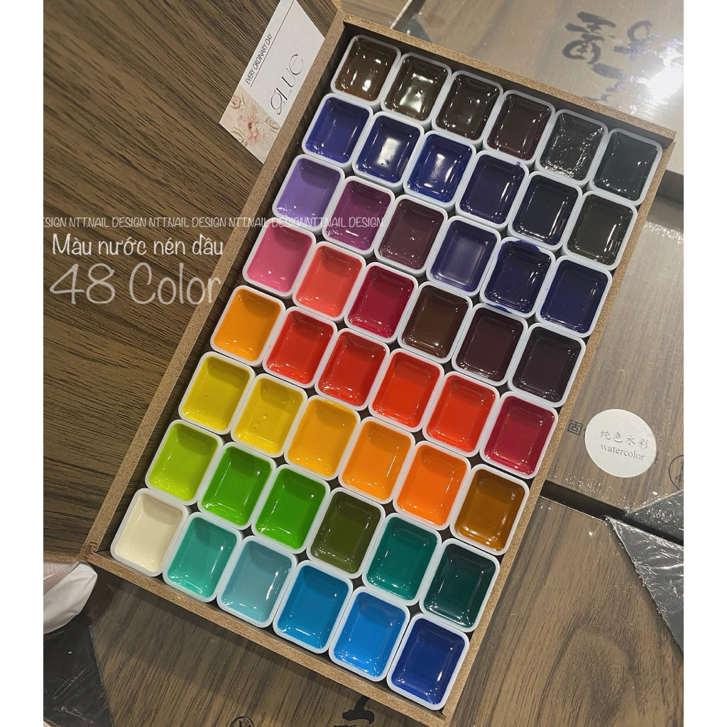 set màu nước nén dầu 48 màu khay gỗ( tán vân đá vẽ hoa lá cành nail làm móng)