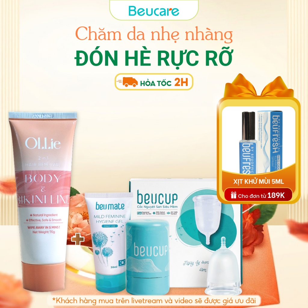 Combo bộ cốc nguyệt san BeUcup chính hãng chuẩn FDA Hoa Kỳ + kem tẩy lông Ollie dịu nhẹ, thơm mát