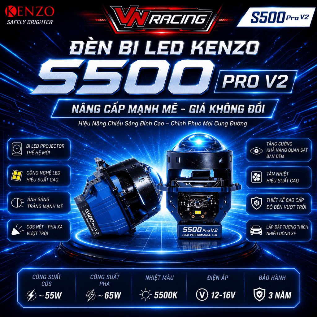 Đèn Pha LED Bi Cầu Kenzo S500 Pro V2 70W Chính Hãng Siêu Sáng Ánh Sáng Mạnh Gắn Xe Máy Ô Tô BH 2 Năm