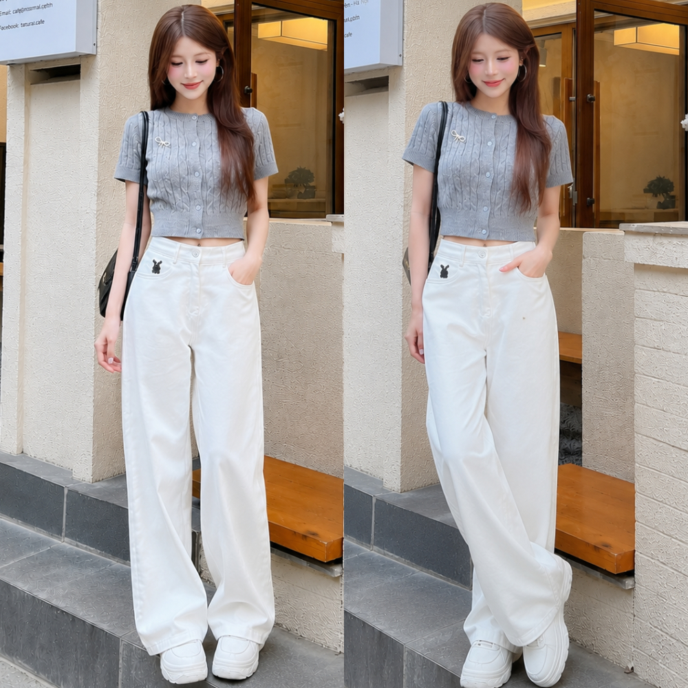 QUẦN JEANS ỐNG RỘNG NỮ LƯNG CAO THÊU THỎ MIAA TRƯỚC MÀU TRẮNG  LAI CUỐN SIÊU HOT HIT XỊN SÒ