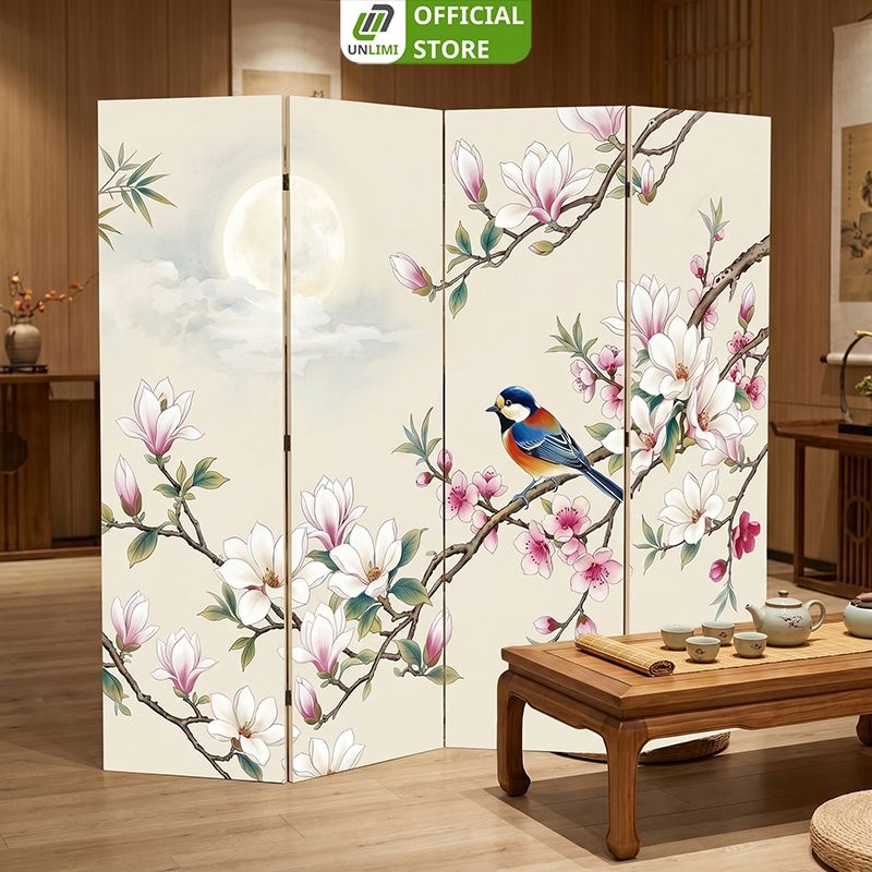 Bình phong vách ngăn khung gỗ tự nhiên bọc vải canvas nghệ thuật | UNLIMI - GP392