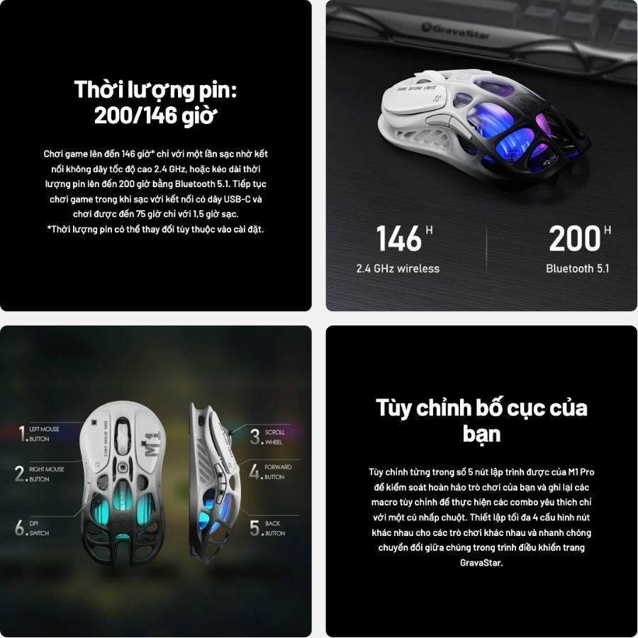 Chuột Gaming Không Dây GravaStar Mercury M1 Pro Gradient Black | 8K Polling Rate | 3 Chế Độ | RGB | BigBuy360 - bigbuy360.vn
