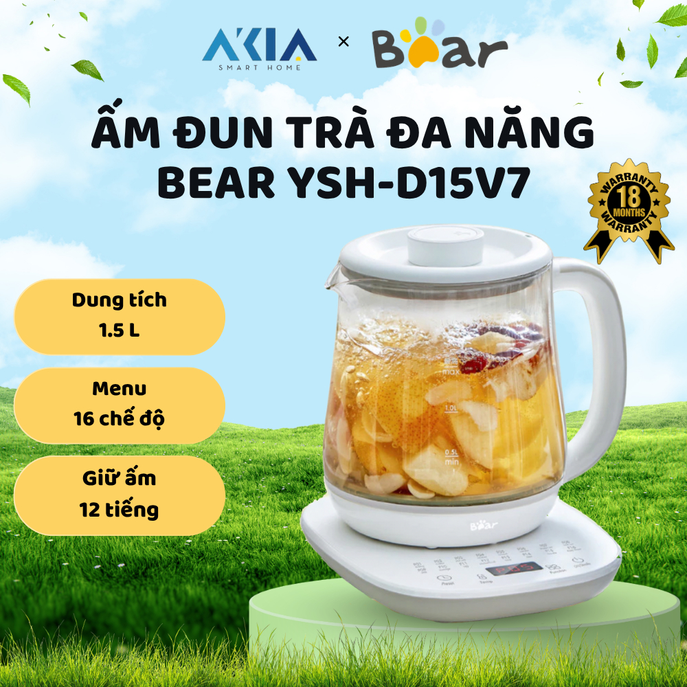 Ấm đun nước đa năng BEAR 1.5L YSH-D15V7 - Menu 16 chế độ, chất liệu thủy tinh bền bỉ - BH 18 tháng