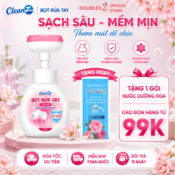 Nước rửa tay dạng bọt CleanZ bông hoa làm sạch, diệt khuẩn, an toàn cho da tay 350ml - DOUBLE 2SSHOP