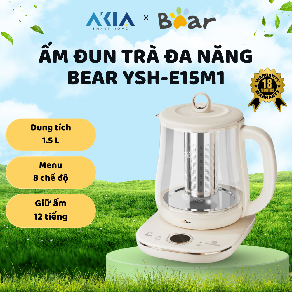 Ấm đun trà siêu tốc 1.5L Bear YSH-E15M1 - 8 chế độ pha chế, hẹn giờ giữ ấm - Bảo hành 18 tháng