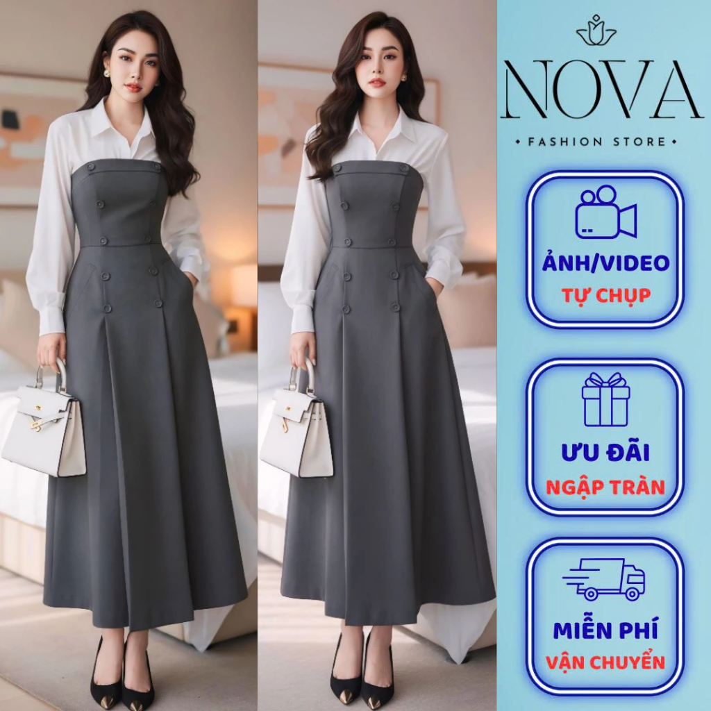 ĐẦM NỮ 2 LỚP PHỐI SƠ MI TRẮNG DÁNG DÀI THANH LỊCH CÔNG SỞ HÀN QUỐC - [VT24201H]