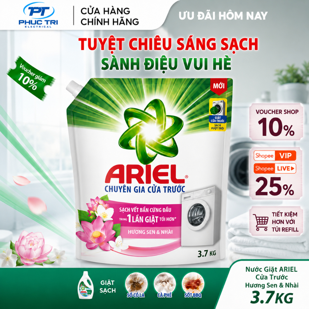 Nước Giặt ARIEL Cửa Trước Hương Sen & Nhài túi 3.7KG
