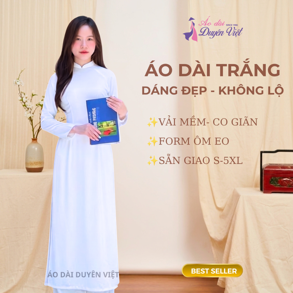 [BÁN CHẠY] Áo Dài Trắng Học Sinh Nữ Tay Dài Cổ Cao Form Chuẩn Ôm Eo Vải Dày Dặn Không Lộ Đủ Size