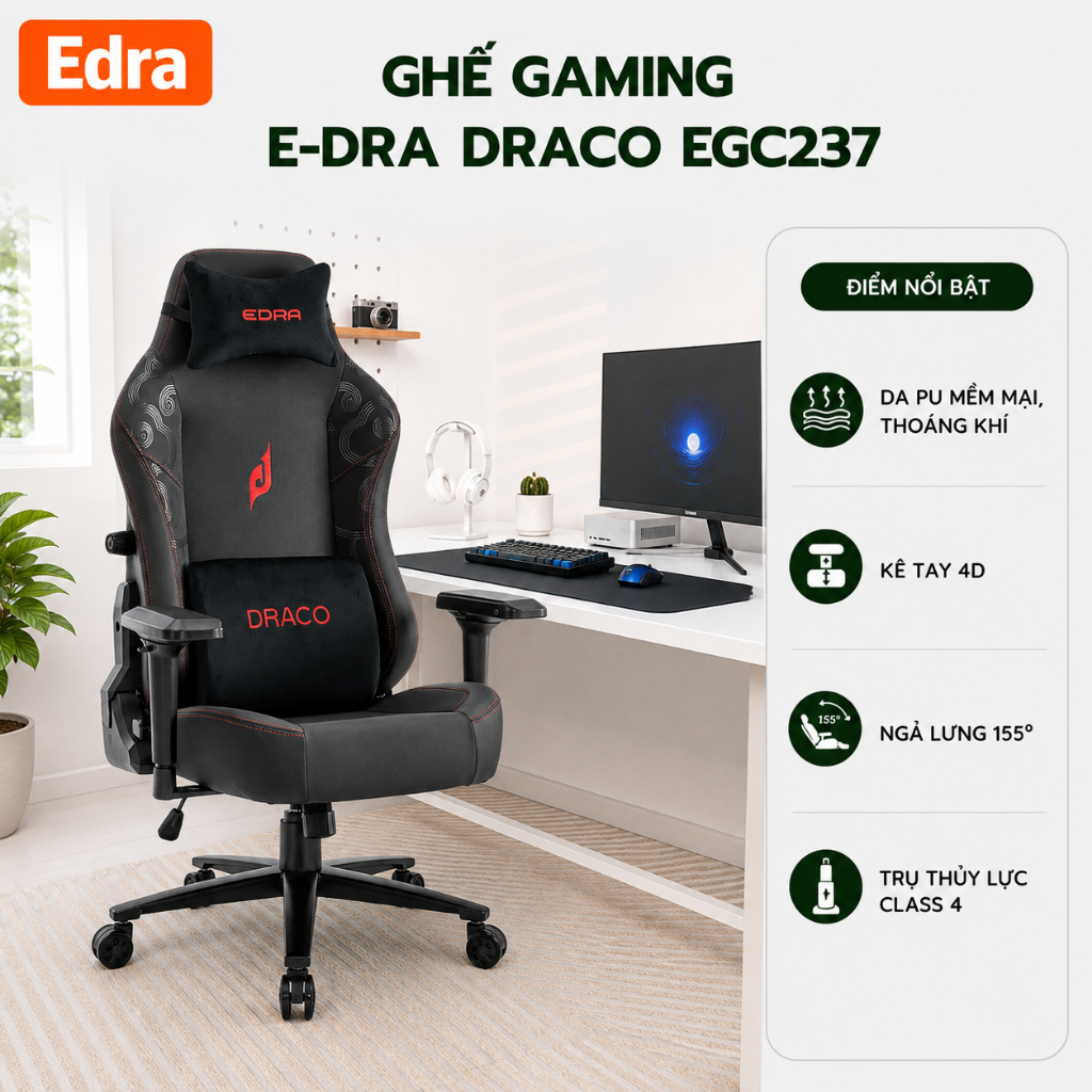 Ghế gaming EDRA, ghế thuỷ lực Class 4 chất liệu PU, thoáng khí, mềm mại DRACO EGC237