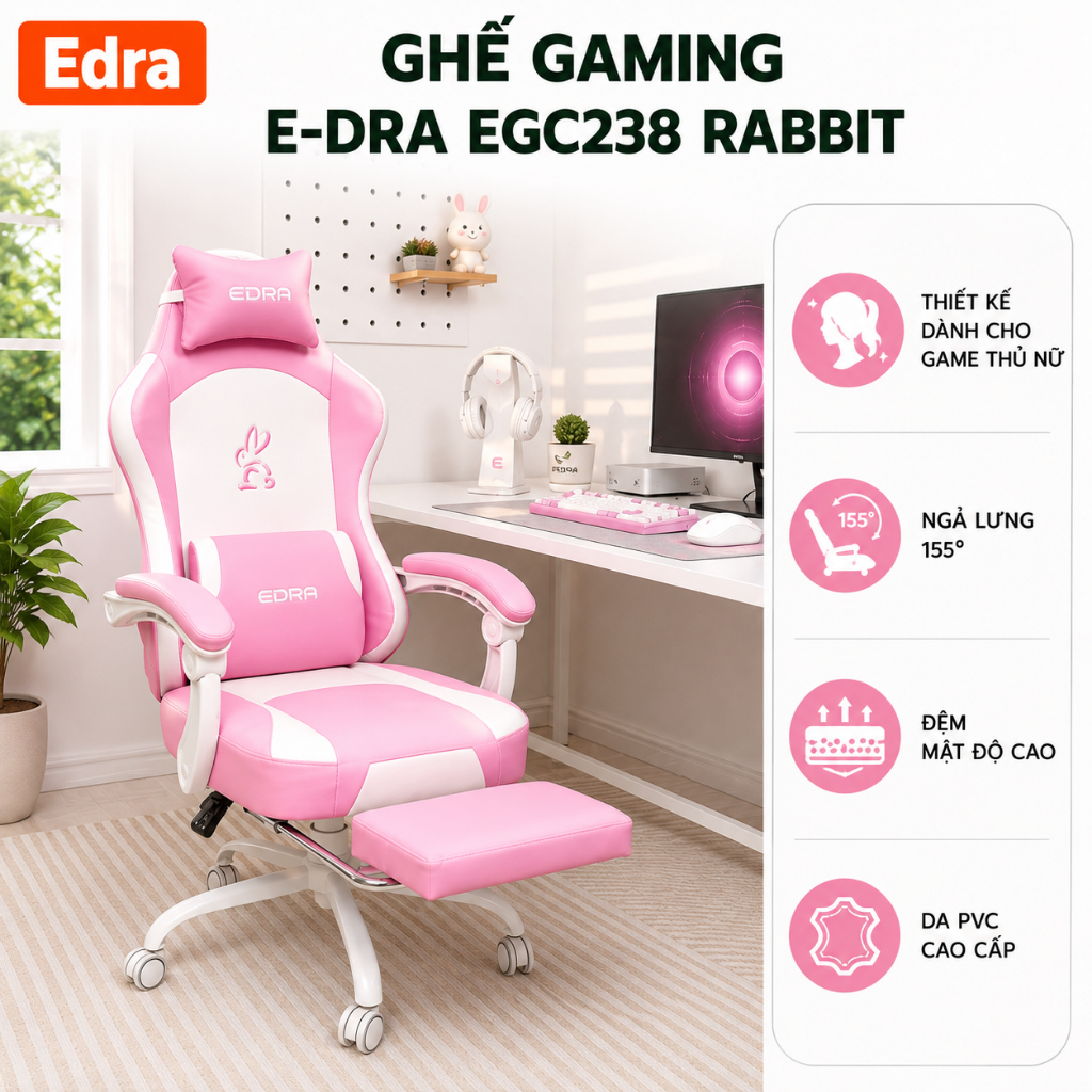 Ghế gaming rabbit trắng hồng EDRA, ghế đệm cao có bệ đỡ đa năng nghiêng ngả thoải mái EGC238
