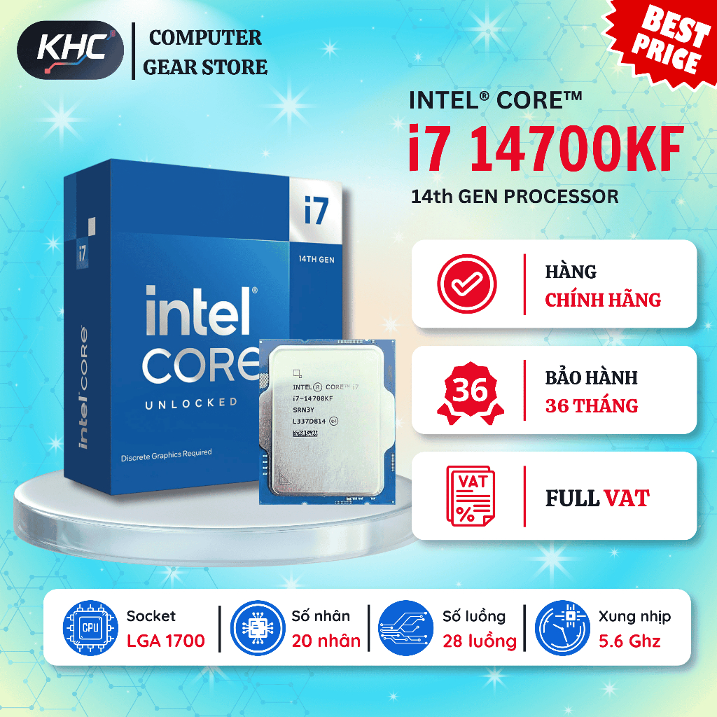 CPU Intel Core i7 12700KF / 13700KF / 14700KF Tray New Không Fan (Full VAT)
