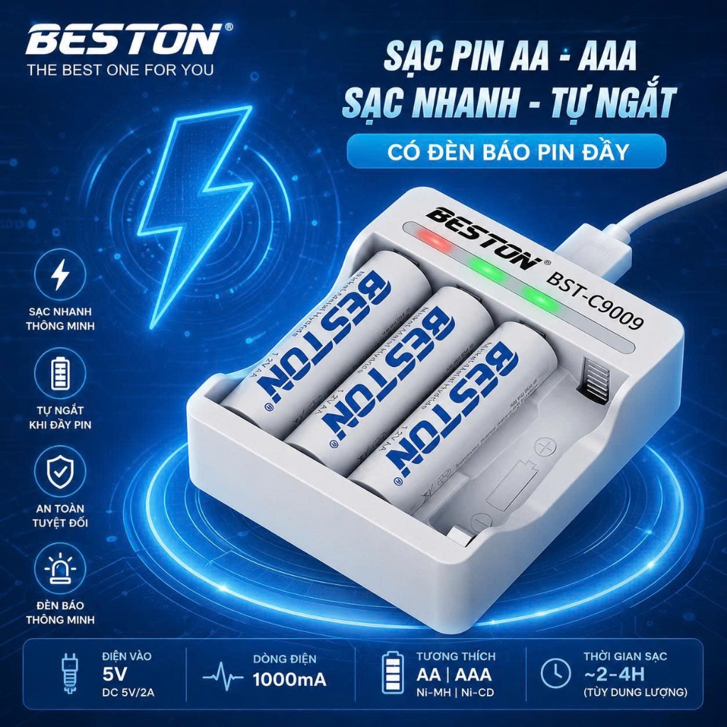 Bộ Sạc 4 pin C9009 Beston AA AAA 1.2V Tự ngắt khi đầy