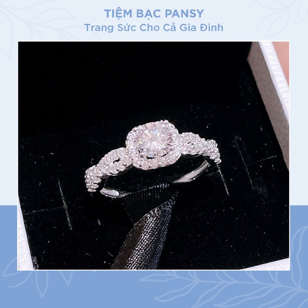 Nhẫn bạc nữ PANSY mặt vuông viền xoắn đính đá sang trọng bằng bạc ta - TIỆM BẠC PANSY