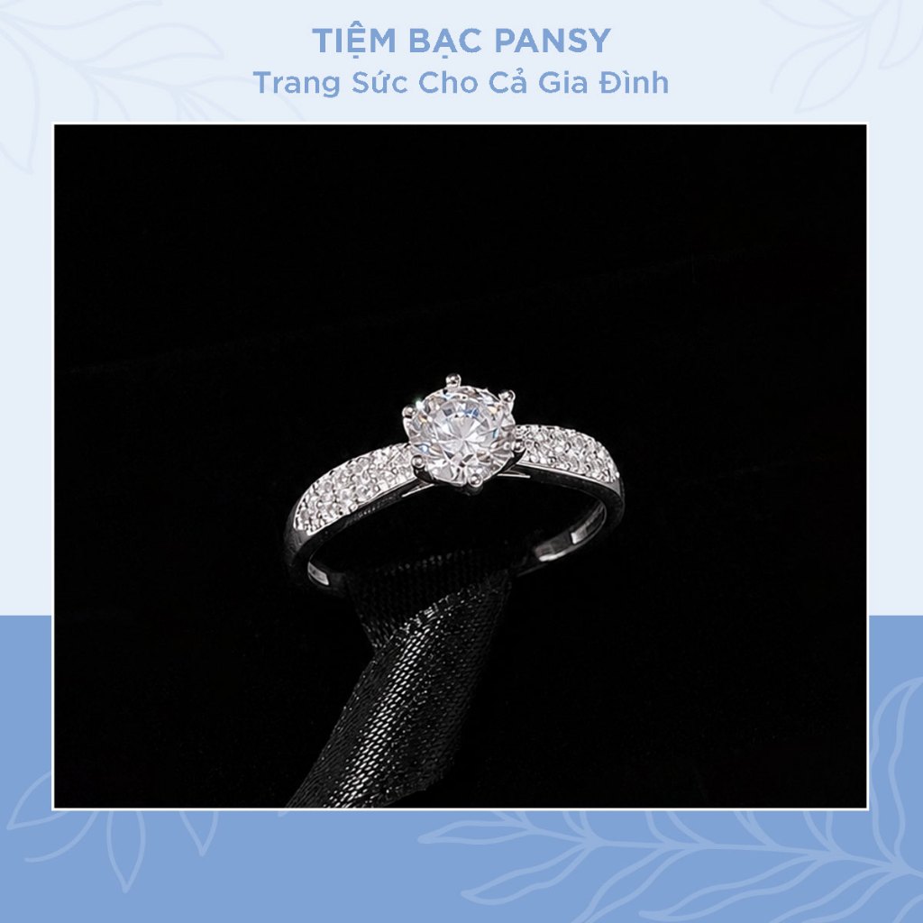 Nhẫn bạc ta nữ PANSY trụ đá 6 chấu viền dày đính đá CZ lấp lánh - TIỆM BẠC PANSY
