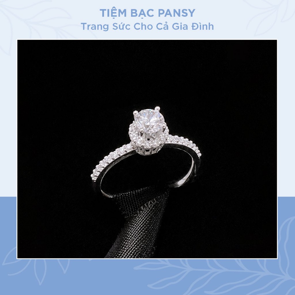 Nhẫn bạc nữ PANSY bốn chấu trụ đá cao viền đá đính sang trọng nữ tính - TIỆM BẠC PANSY