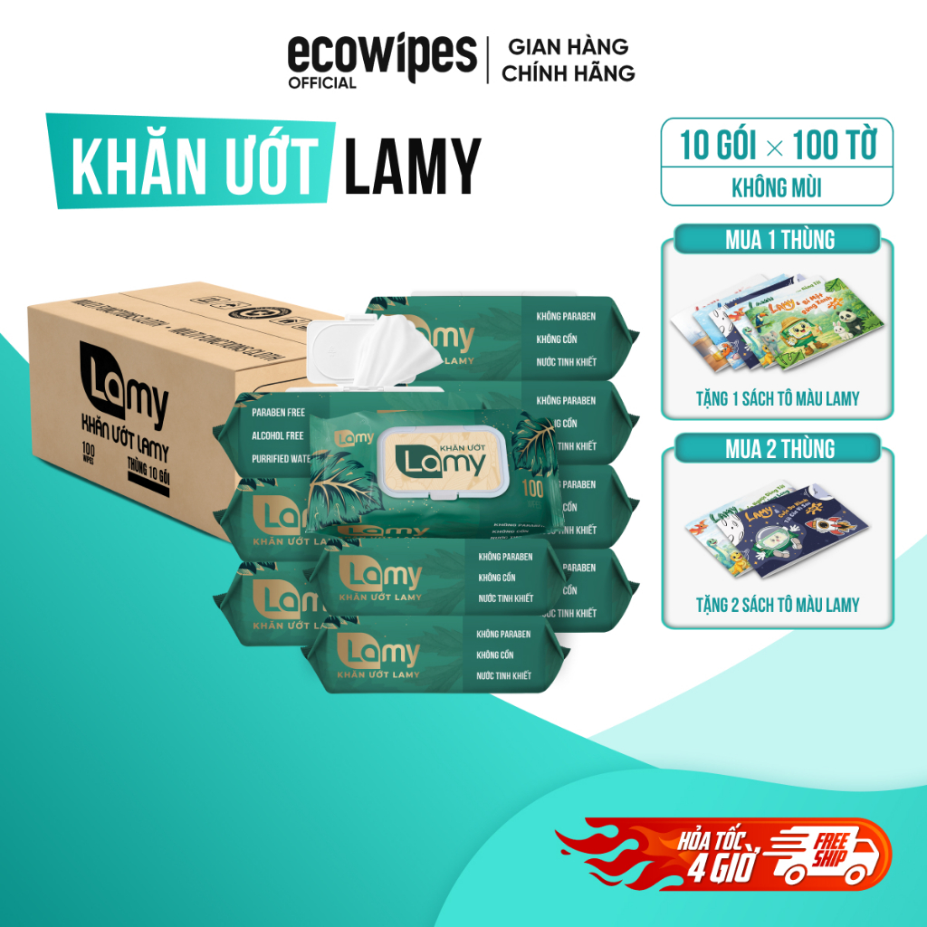 (TẶNG SÁCH TÔ MÀU) Thùng 10 gói khăn ướt Lamy gói lớn 100 tờ không mùi