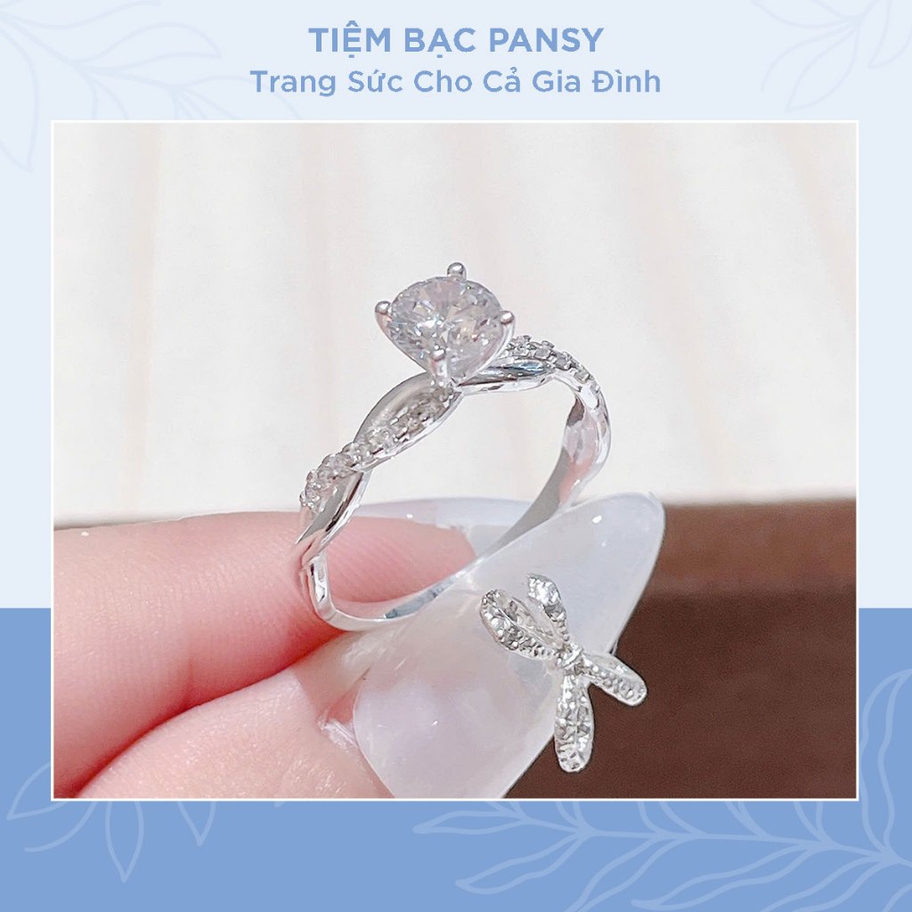 Nhẫn bạc nữ PANSY ổ bốn chấu viền xoắn sang trọng nạm đá CZ lấp lánh - TIỆM BẠC PANSY