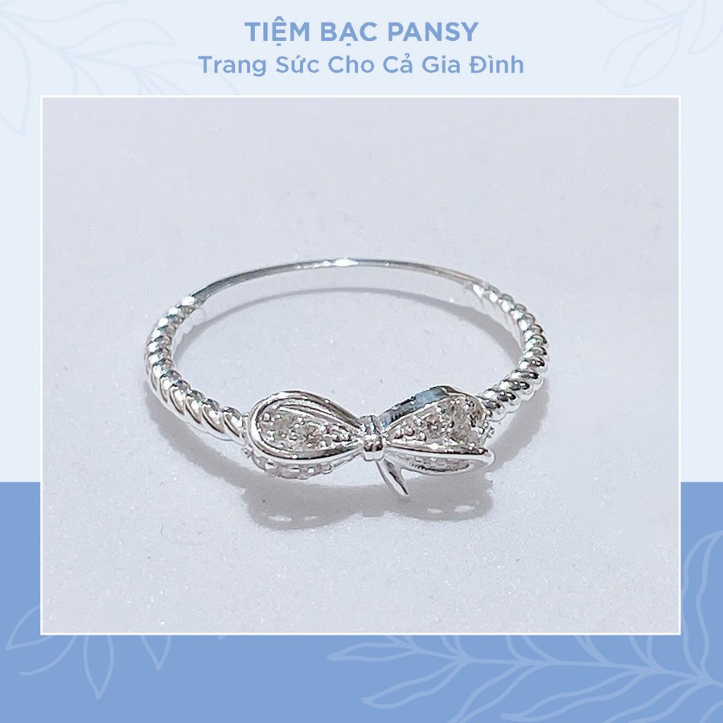 Nhẫn bạc nữ PANSY nơ thắt nạm đá, viền xoắn trơn xinh xắn - TIỆM BẠC PANSY