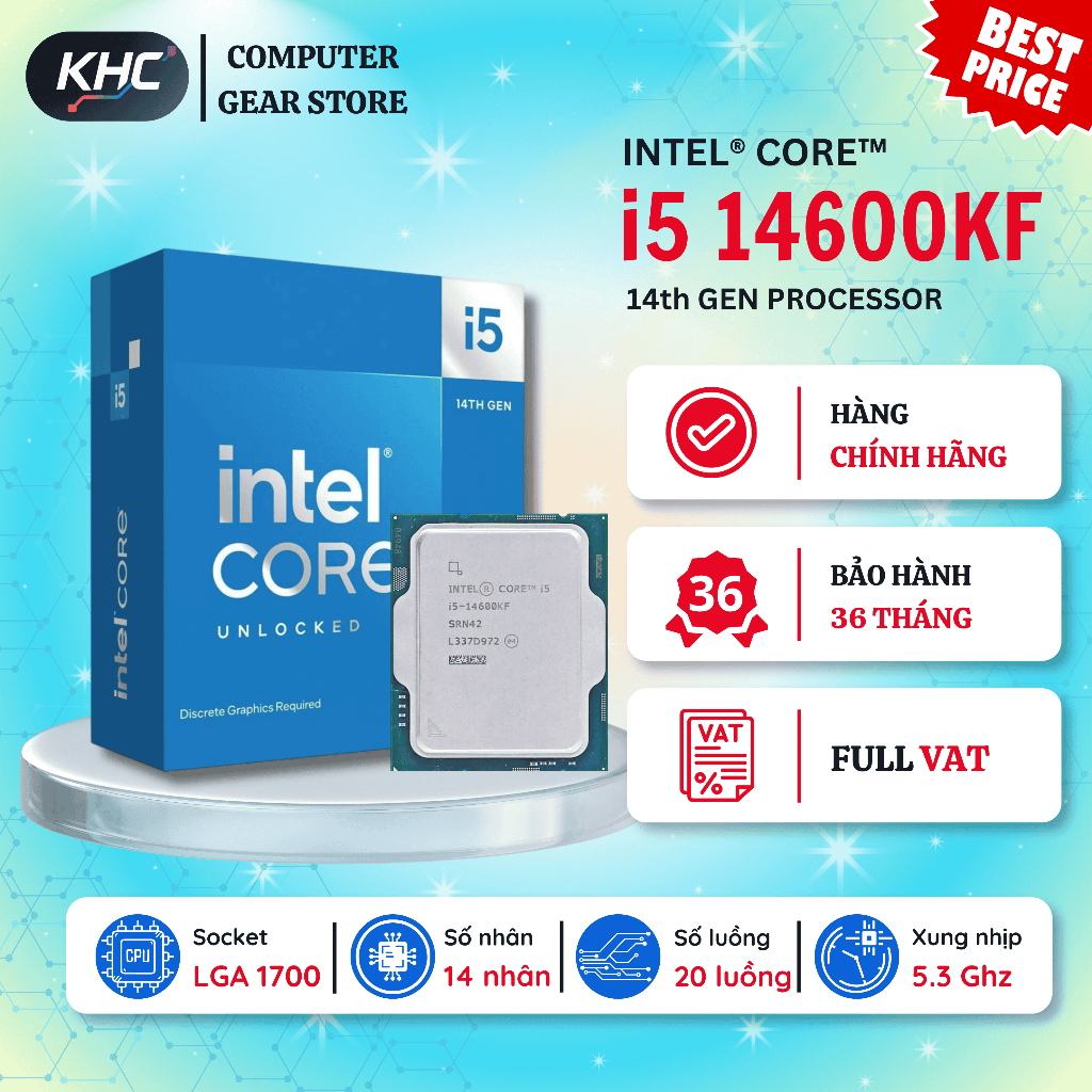 CPU Intel Core i5 12600KF / 13600KF / 14600KF Tray New Không Fan (Full VAT)