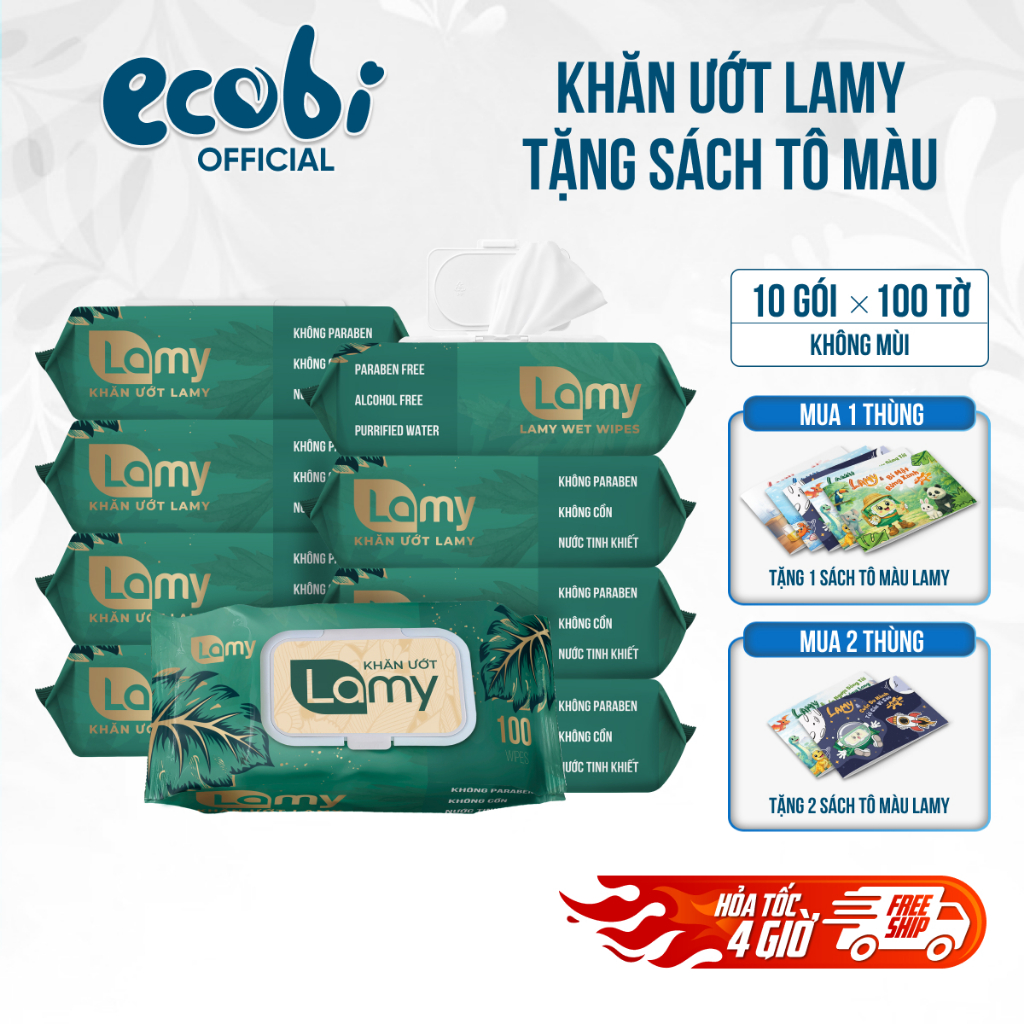 Thùng 10 Gói Khăn Ướt Lamy Gói 100 Tờ Không Mùi Không Cồn Không Paraben
