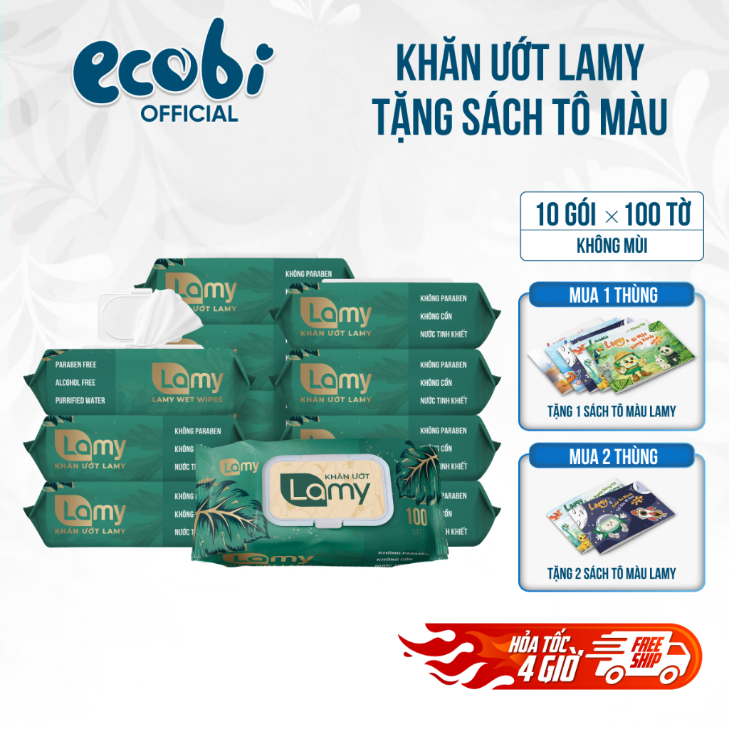 (TẶNG SÁCH TÔ MÀU) Thùng 10 gói khăn ướt Lamy gói 100 tờ không mùi cao cấp cho gia đình