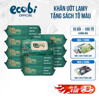 (TẶNG SÁCH TÔ MÀU) Thùng 10 gói khăn ướt Lamy 100 tờ không mùi cao cấp