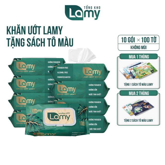 (TẶNG SÁCH TÔ MÀU) Thùng 10 gói khăn giấy ướt Lamy không cồn cao cấp gói 100 tờ