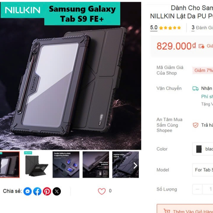 ốp lưng, bao da, Chính Hãng Nillkin, Camera Slider Dành Cho Samsung Galaxy Tab S9 FE+  ( mới 100% th