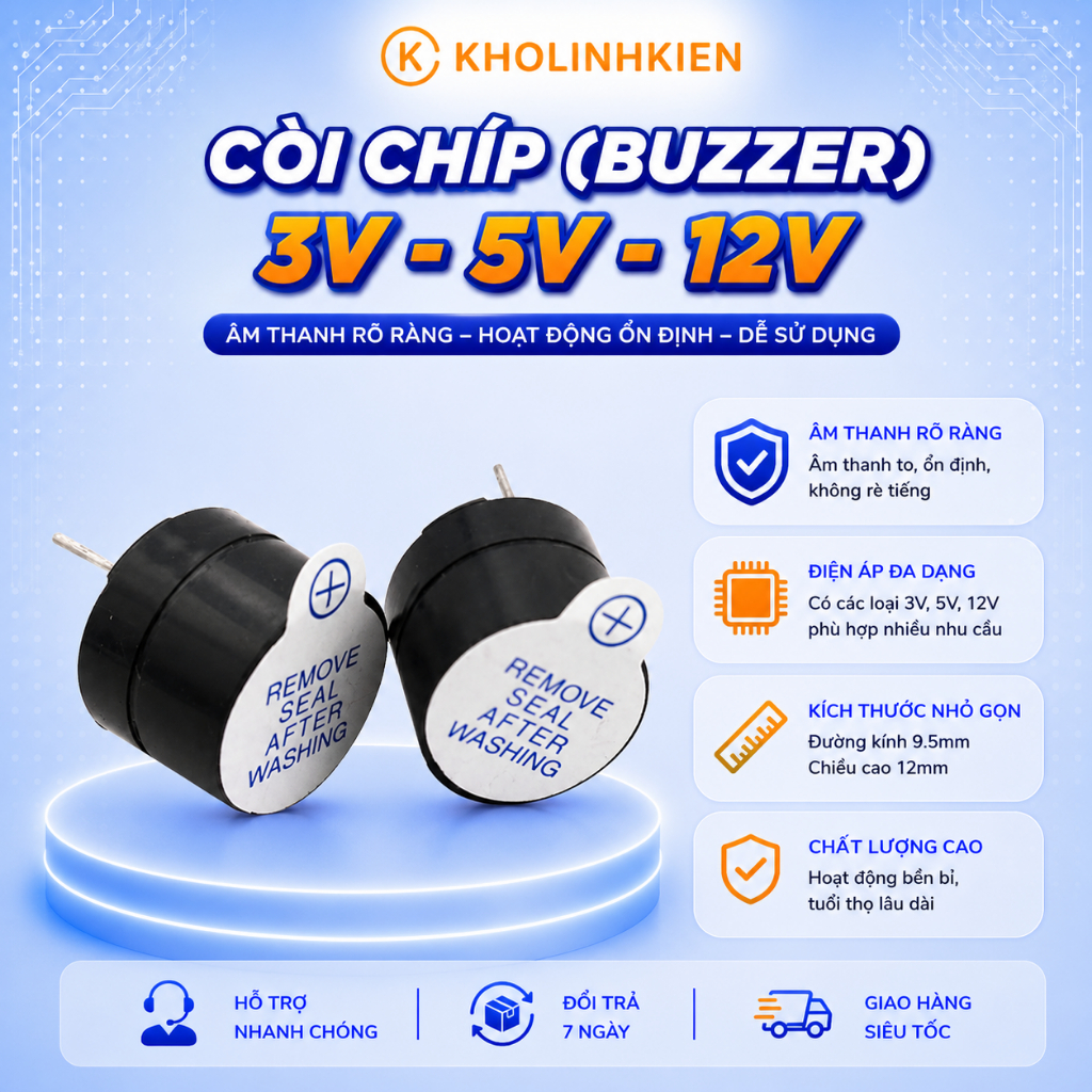 Combo 5c Còi Chíp 3V 5V 12V (buzzer) 9.5x12mm