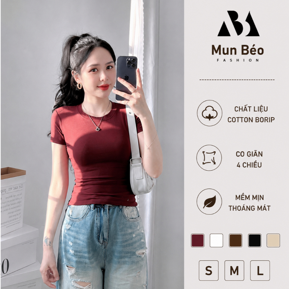 Áo thun nữ cổ tròn tay ngắn ôm body KVY A3 vải cotton borip lụa mềm mịn co giãn 4 chiều tôn dáng