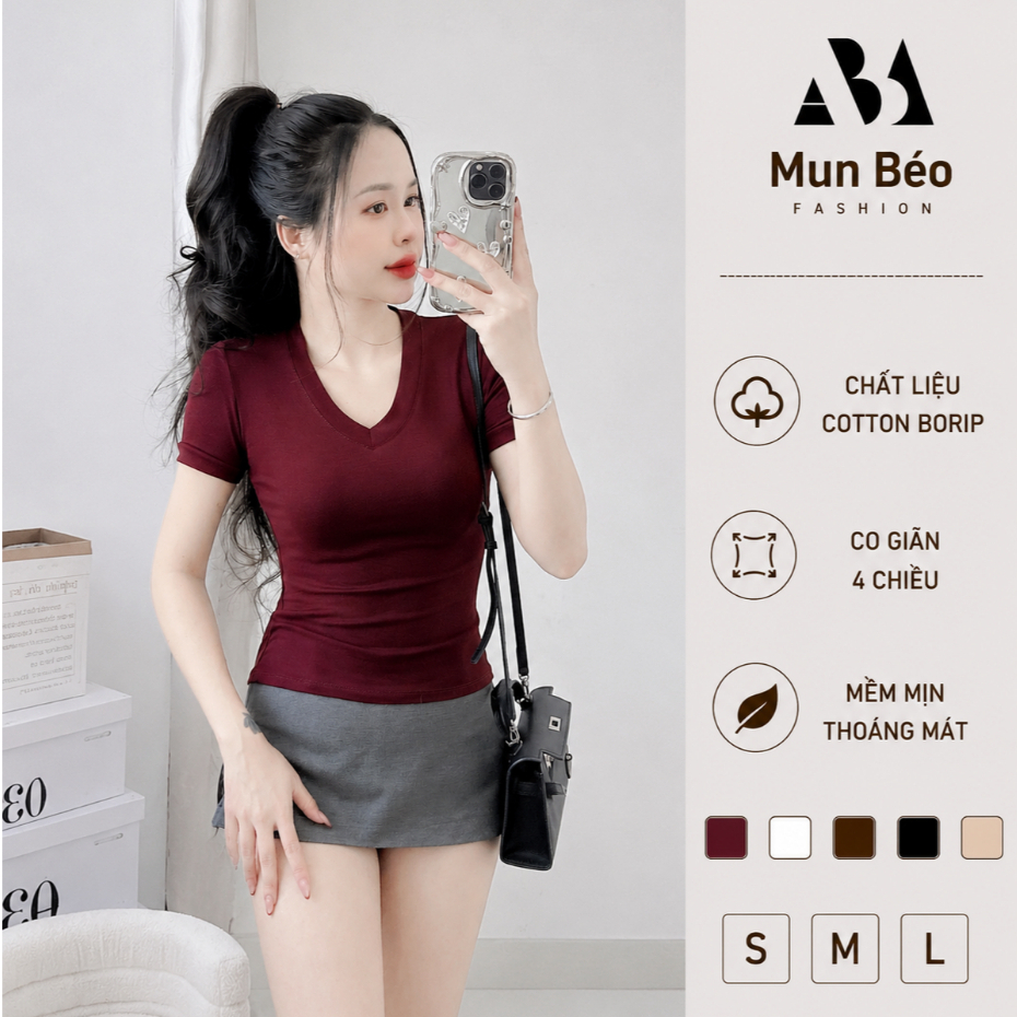 Áo thun nữ cổ tim tay ngắn ôm body KVY A6 vải cotton borip lụa mềm mịn co giãn 4 chiều tôn dáng