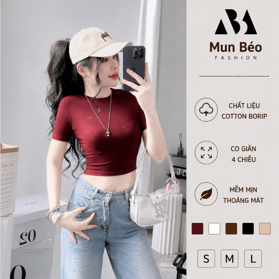 Áo croptop nữ cổ tròn tay ngắn ôm body KVY A2 vải cotton borip lụa mềm mịn co giãn 4 chiều tôn dáng