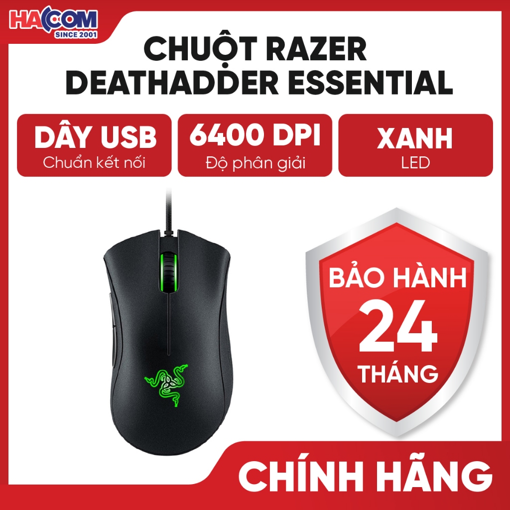 Chuột Razer DeathAdder Essential Ergonomic đen (USB/Led Green) - BH 24 Tháng HACOM PC