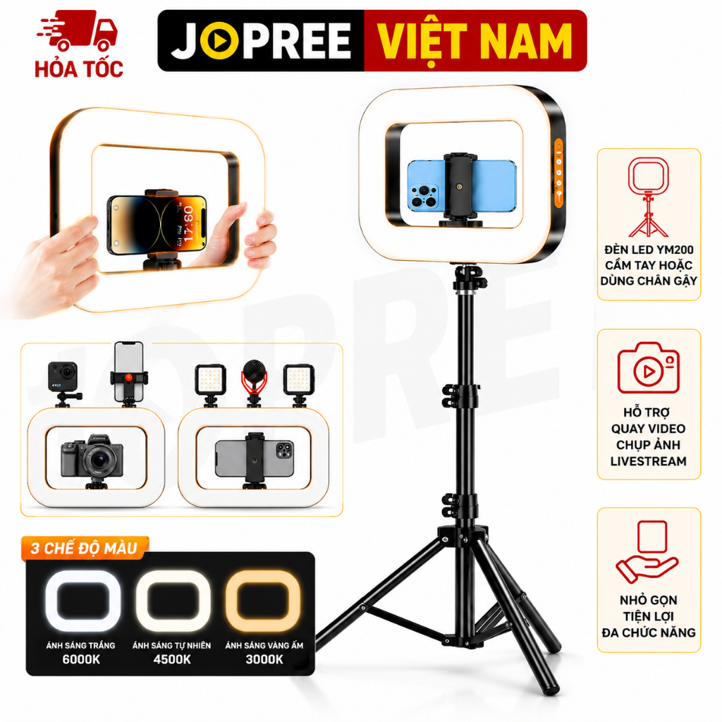 ĐÈN LIVESTREAM YM200 TÍCH ĐIỆN KÈM CHÂN 2M1 HỖ TRỢ LIVESTREAM QUAY VIDEO CHỤP ẢNH