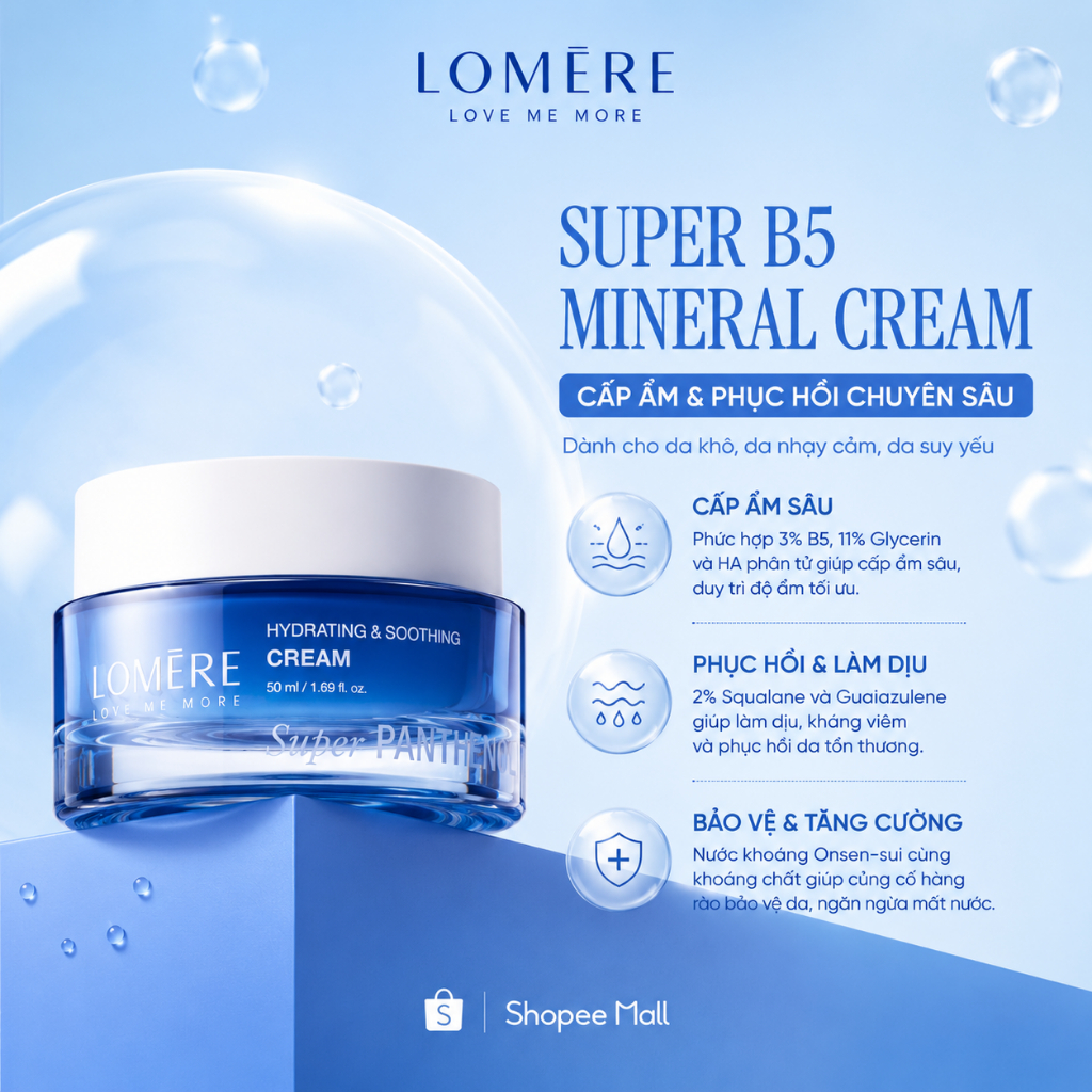 [MALL] Kem dưỡng khoáng Super B5 cấp ẩm phục hồi Lomere Super Panthenol Thermal Water Cream 50ml