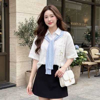 Áo sơ mi nữ ngắn tay Twentyfive dáng rộng kèm khăn thủy thủ phong cách Hàn Quốc 7336