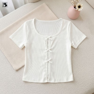 Áo thun nữ ngắn tay Twentyfive phối viền ren đính nơ nữ tính 7319