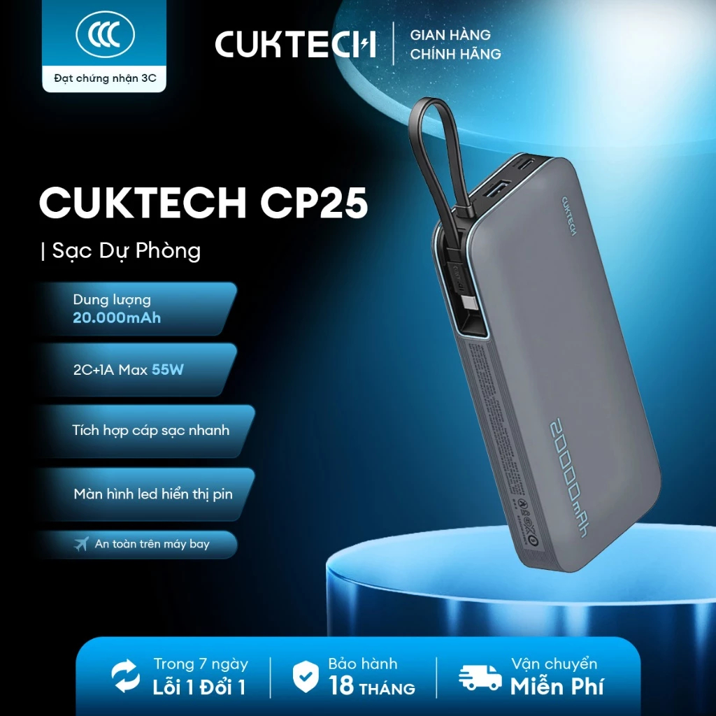 CUKTECH CP25 Sạc Di Động 2C1A Kèm Cáp | Sạc Nhanh 55W Max | Dung Lượng 20.000mAh | Bảo Hành 18 Tháng PB200N