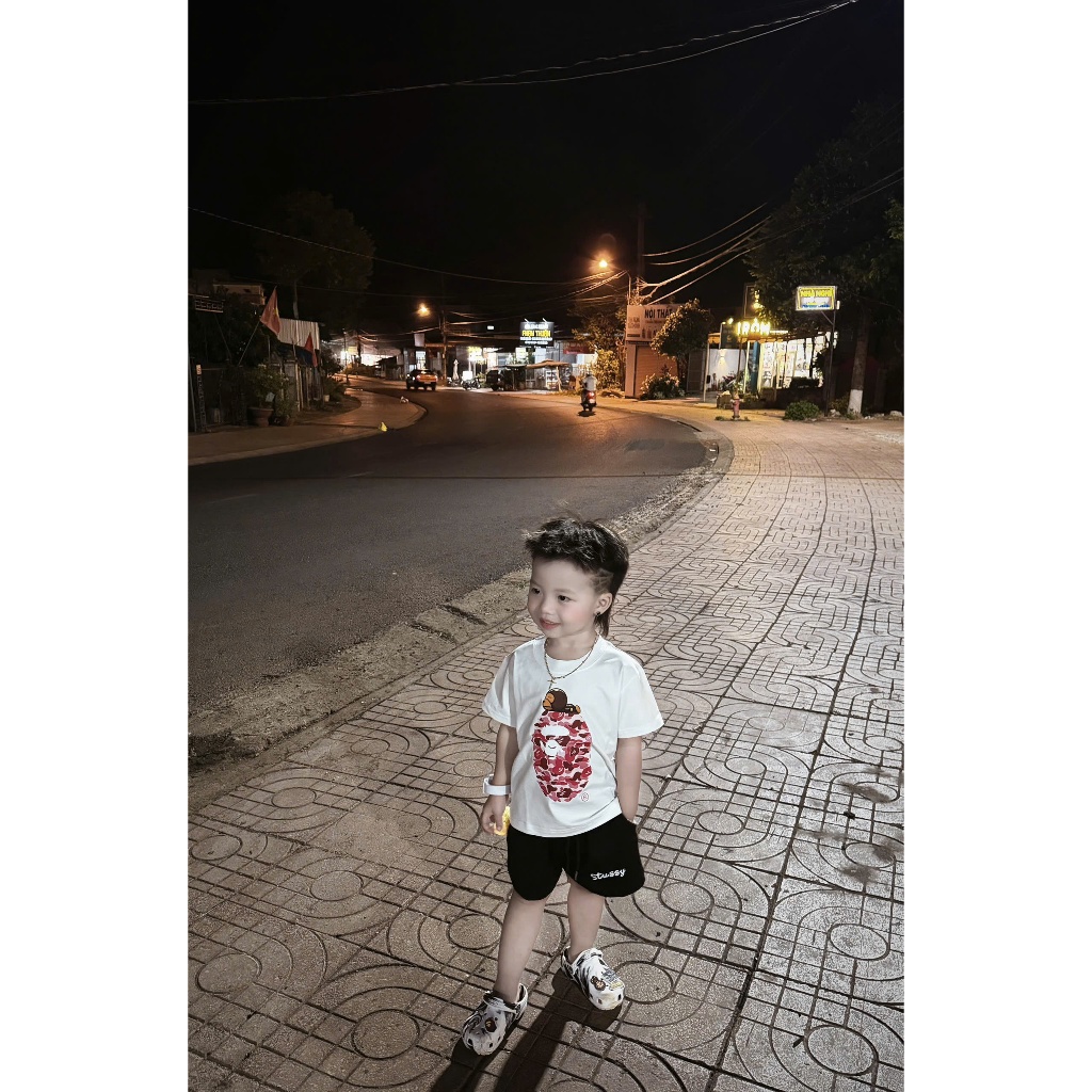 Set Cho Bé In Hình Khỉ Bape Camo Phối Quần Đùi Đen Stussy Cotton Co Giãn Cá Tính
