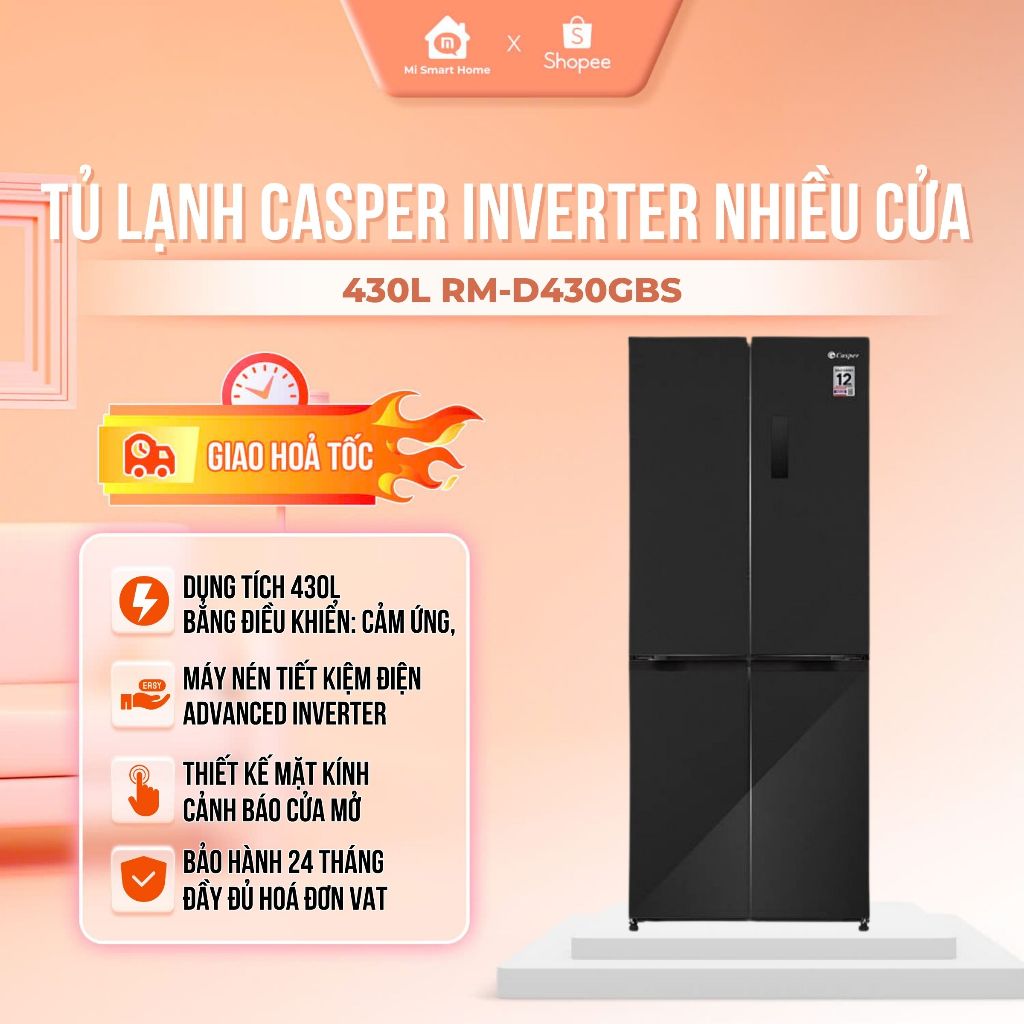 Tủ lạnh 4 cánh Casper Inverter 430L Ngăn đông mềm, mặt kính - RM-D430GBS - Chính hãng