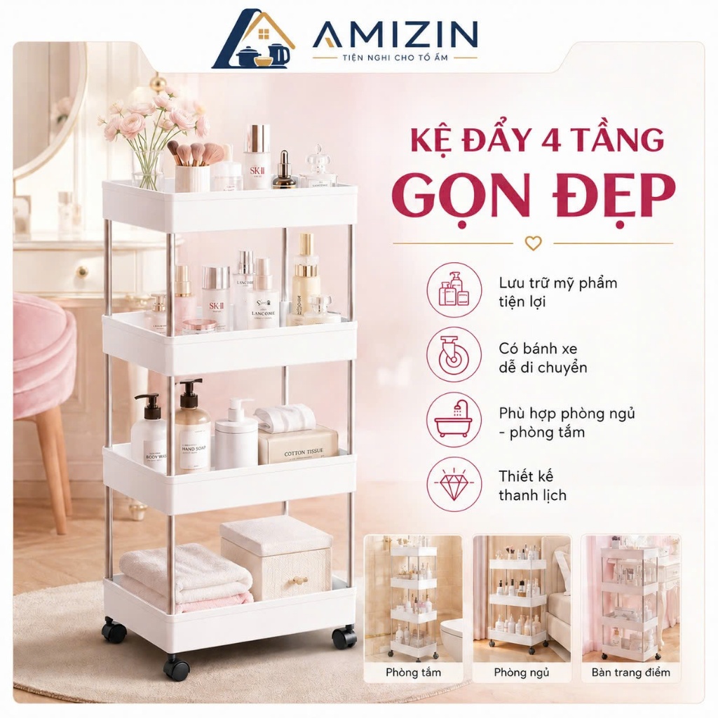Kệ đựng đồ đa năng 3 tầng,4 tầng có bánh xe đẩy chuyên dụng cho spa, phòng tắm, bếp chất liệu inox cao cấp