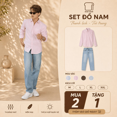Set Áo Sơ Mi Tay Dài Quần Jean Nam Ống Suông Bami Home, Chất Vải Mềm Mại, Chuẩn Form ASM03QJ07