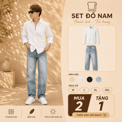 Combo Quần Áo Nam Bami Home, Jean Ống Suông Kết Hợp Áo Sơ Mi Form Đẹp CBQJ12ASM01